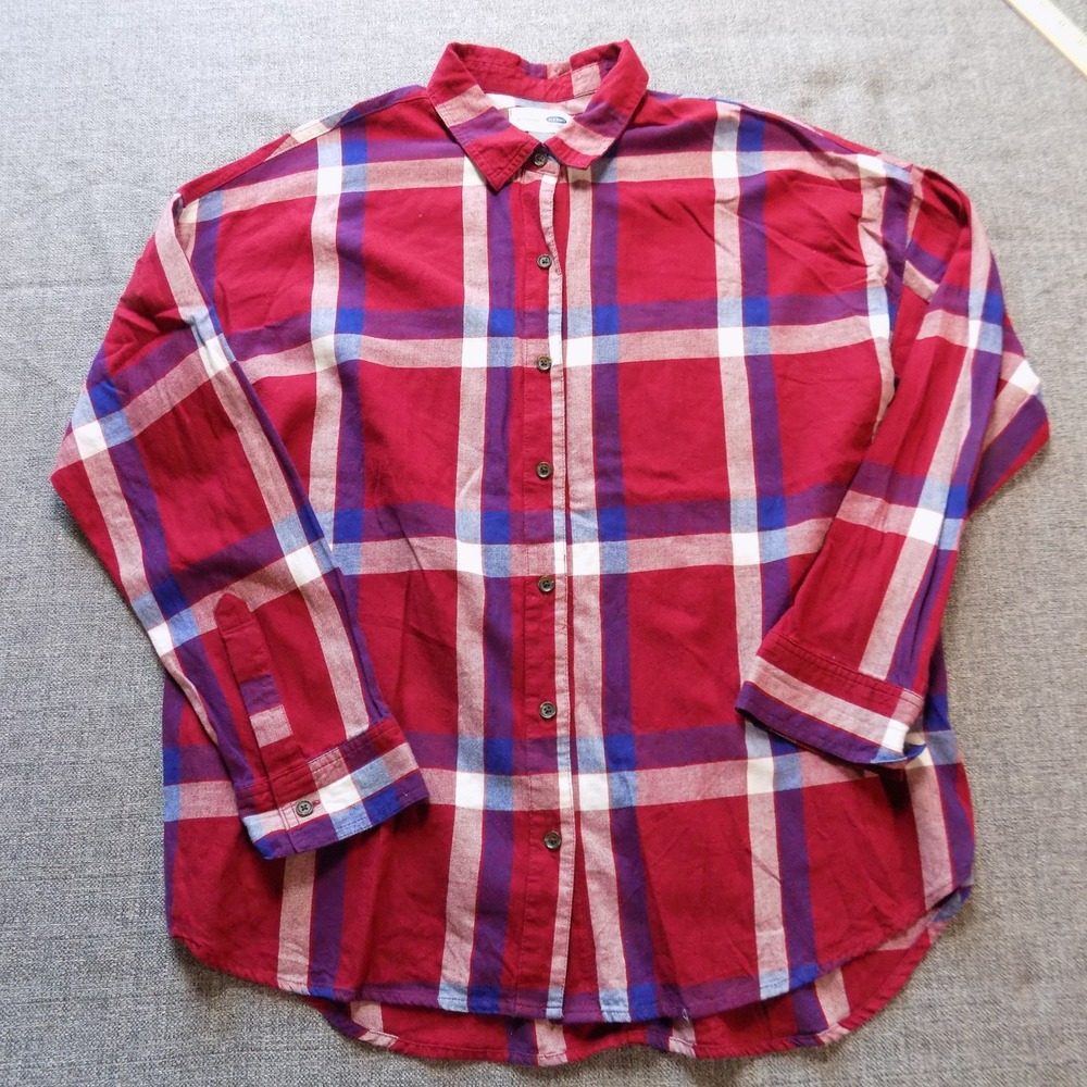 Old Navy Boyfriend Shirt Women Large Red Plaid Excellent Cotton Button Down L